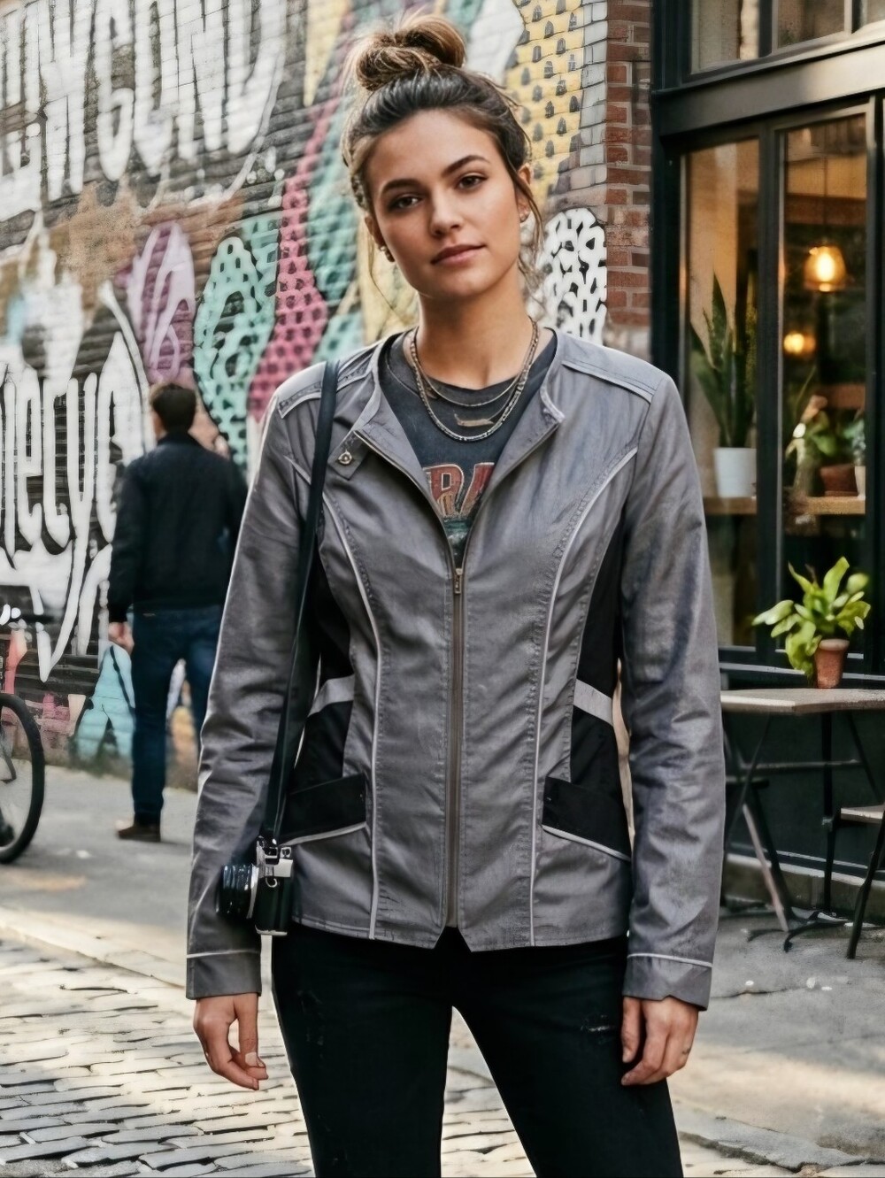Christopher & Banks Metallic Gray Zip Up Moto Jacket Black Side Panels Size M